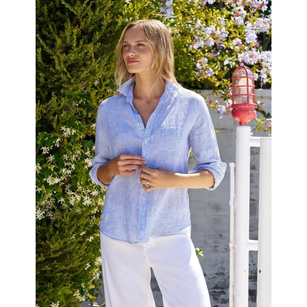 Frank & Eileen Barry Blue Striped 100% Linen Button Up Shirt Womens S Krinkle